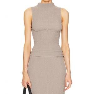 Enza Costa Sleeveless Mock Neck Textured Tank Top in Taupe